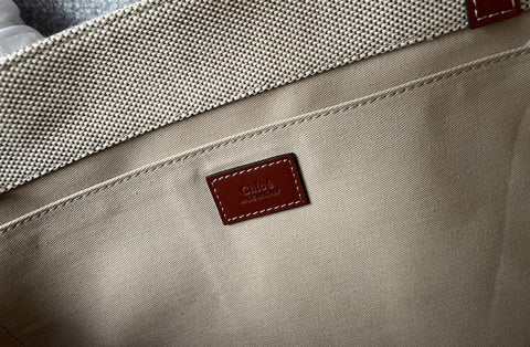 LAGRE STRAP WOODY TOTE BAG 45 IN BEIGE LINEN CANVAS BLACK WEBBING LOGO EMBROIDER BROWN CALFSKIN