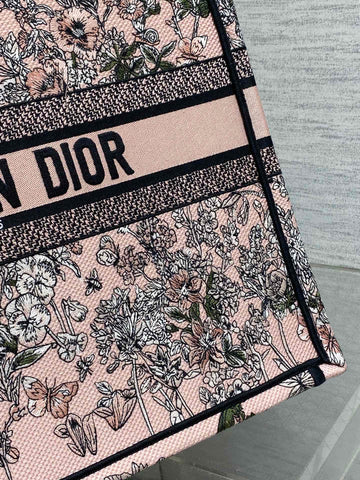 DIOR 25S LUCKY LARGE DIOR BOOK TOTE 42 IN PINK MULTICOLOR DIOR FLOWERS CALENDAR ALLOVER EMBROIDERY