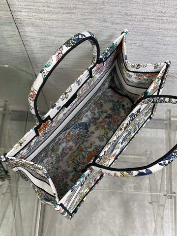 DIOR 25S LUCKY MEDIUM BOOK TOTE 36 IN MULTICOLOR COTTON FLOWERS CALENDAR ALLOVER EMBROIDERY