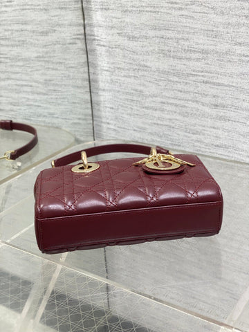 DIOR 25S SMALL LADY D‑JOY BAG 19 IN BURGUNDY CANNAGE CALFSKIN GOLD HARDWRE