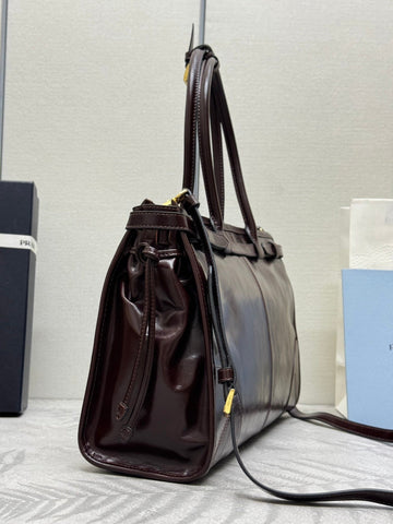 PRADA 25S BONNIE LARGE HANDBAG 38 IN DARK BROWN GLOSSY CALFSKIN GOLD HARDWARE