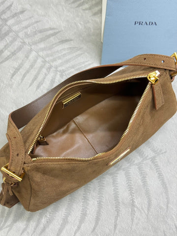PRADA 25S AIMEE MEDIUM SHOULDER BAG 31 IN BROWN SUEDE