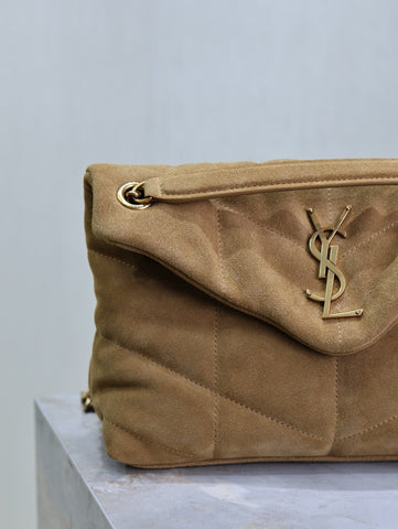 YSL 25S LOULOU PUFFER MM 29 IN TAN BROWN SUEDE GOLD HARDWRE