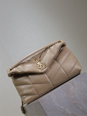YSL 25S LOULOU PUFFER GM 35 IN BROWN CALFSKIN GOLD HARDWRE