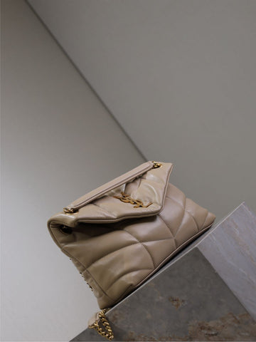 YSL 25S LOULOU PUFFER MM 29 IN BROWN CALFSKIN GOLD HARDWRE